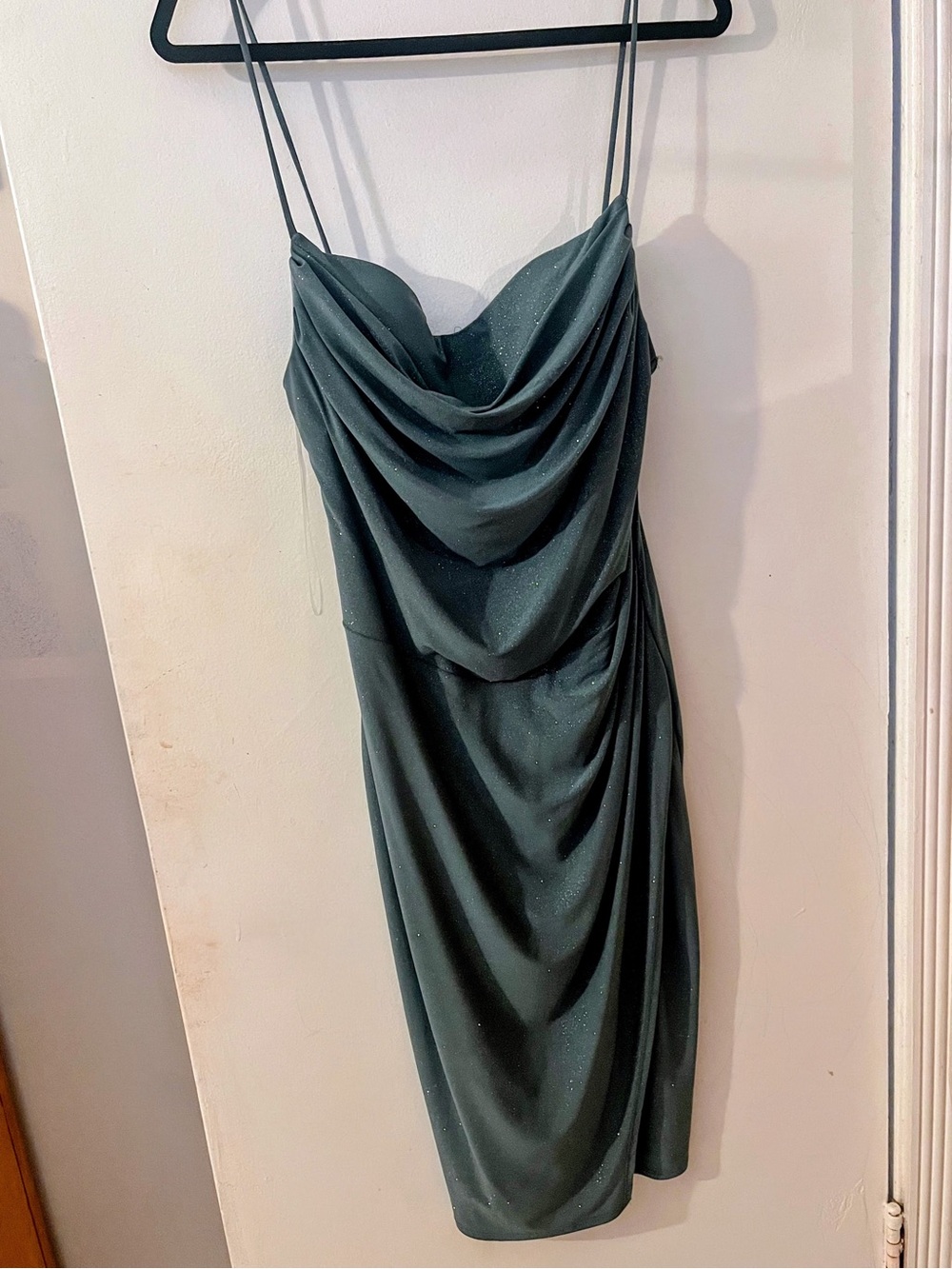 Draped Cowl Neck Spaghetti Strap Midi Dress in Dark Green Fits Med/Large
